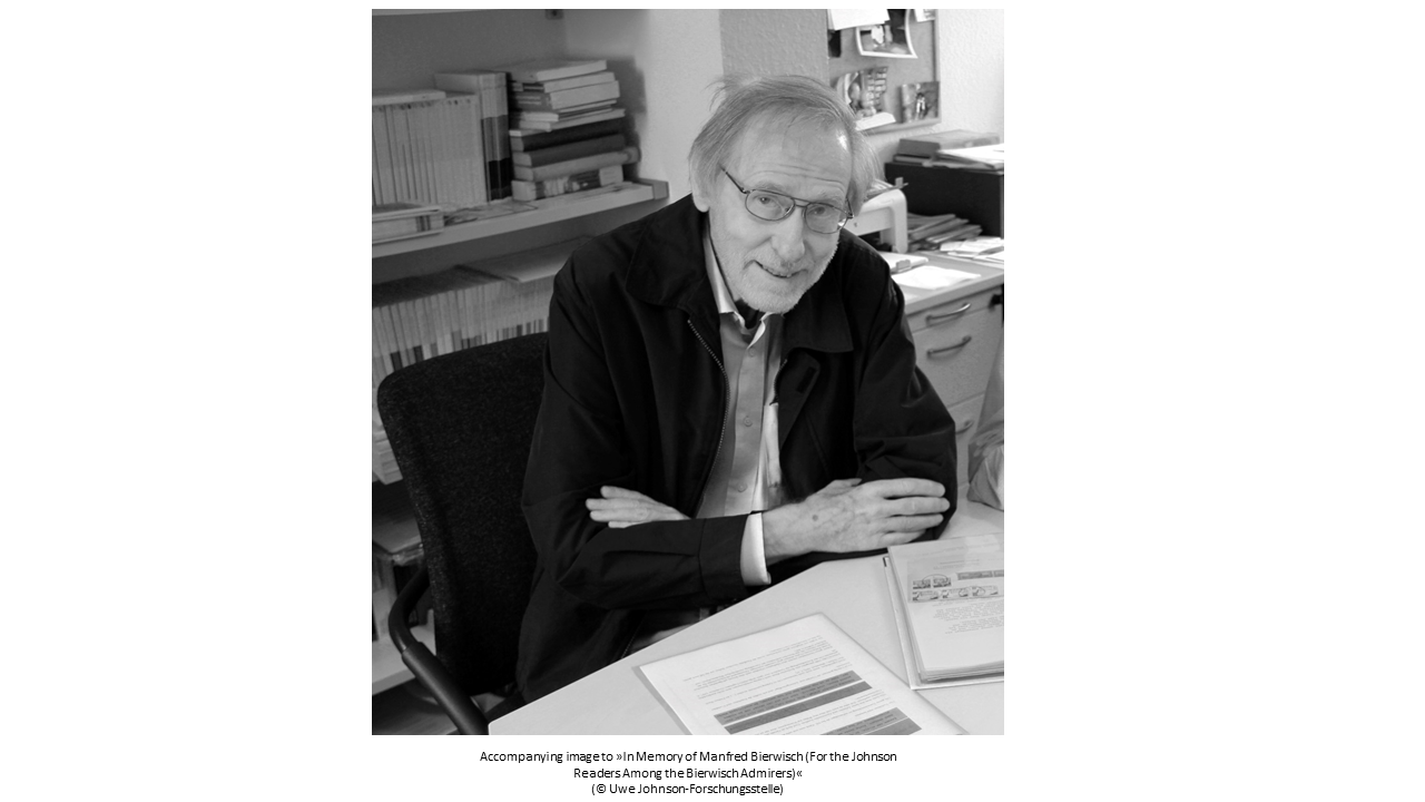 The photo shows a portrait of Manfred Bierwisch. It was taken during a visit to the Uwe Johnson Complete Works Edition in Rostock in the summer of 2017.